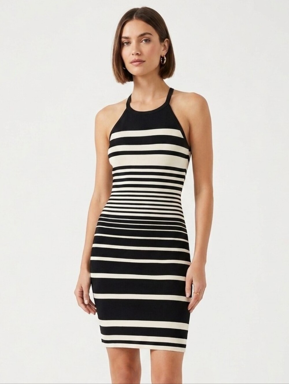 Aqua Black and White Striped Strap Bodycon Dress Small
